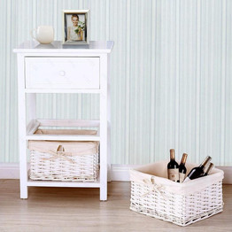 White Wood 1-Drawer End Table Nightstand with 2 Baskets