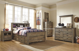 Cremona Brown Casual Bedroom Set: Twin Bookcase Bed with 2 Drawer Storage, Dresser, Mirror, 2 Nightstands