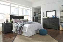 Brinxony Casual Black Bedroom Set: Queen/Full Panel Headboard, Dresser, Mirror, Nightstand, Chest