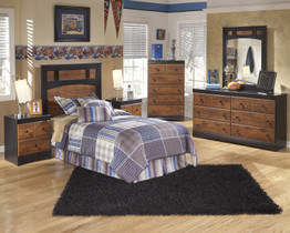 Airwell Casual Dark Brown Color Bedroom Set: Twin Panel Headboard, Dresser, Mirror, Nightstand, Chest