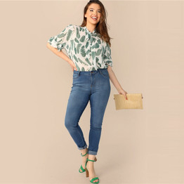 Plus Size Multicolor Tie Neck Ruffle Trim Tropical Print Top Blouse