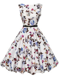 Blue Rose Print Hightlight Black and White Floral Dress With Belt