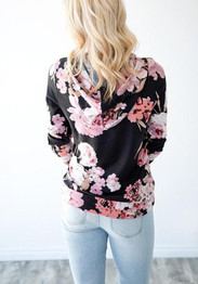 Black Floral Drawstring Pockets Hooded Casual Pullover Sweatshirt