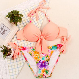 Pink Floral 2-in-1 Crop Condole Belt Tie Back Swimwear