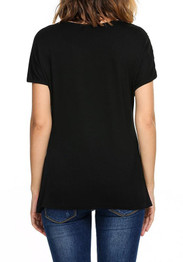 Black Patchwork Sequin V-neck Casual T-Shirt