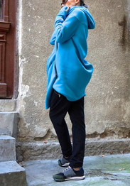 Blue Plain Zipper Irregular Pockets Hooded Casual Coat