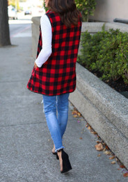 Red-Black Plaid Irregular Pockets Turndown Collar Christmas Casual Cardigan Vest Coat