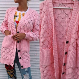 Pink Single Breasted Pockets V-neck Long Sleeve Casual Cardigan Sweater