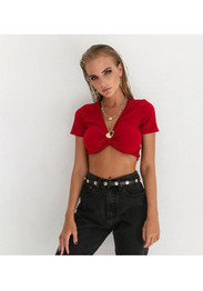 Red Crop V-neck Short Sleeve Fashion T-Shirt