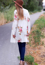 White Floral Print Long Sleeve Fashion Coat