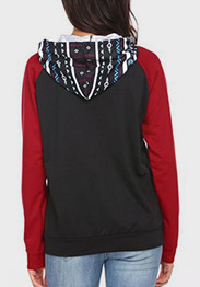 Red Patchwork Irregular Drawstring Hooded Long Sleeve Pullover Sweatshirt