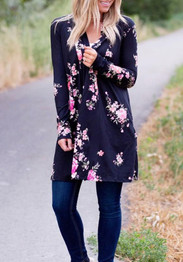 Black Floral Print Long Sleeve Fashion Coat
