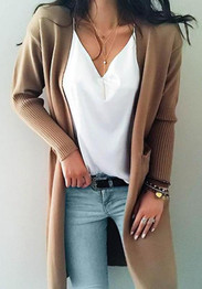 Khaki Pockets V-neck Long Sleeve Casual Long Cardigan Sweater