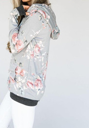 Grey Floral Drawstring Pockets Casual Pullover Hooded Sweatshirt