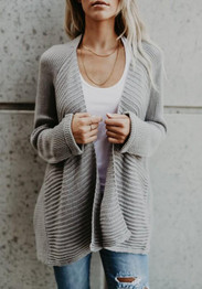 Grey Patchwork V-neck Long Sleeve Casual Cardigan Sweater