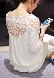 White Patchwork Lace Embroidery Three Quarter Length Sleeve Fashion Blouse