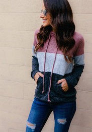 Grey Patchwork Drawstring Pockets Hooded Long Sleeve Fashion Pullover Sweatshirt