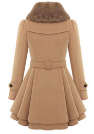 Camel Plain Pleated Fur Buttons Belt Double Breasted Peplum Lapel Wool Coat