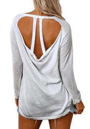 Light Blue Plain Cut Out Round Neck Casual Loose T-Shirt