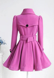 Pink Plain Belt Pleated Turndown Collar Double Breasted Peplum Wool Coat