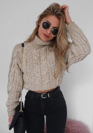 Khaki Plain Crop High Neck Long Sleeve Fashion Pullover Sweater