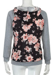 Black-Grey Patchwork Floral Drawstring Pockets Casual Hooded Sweatshirt