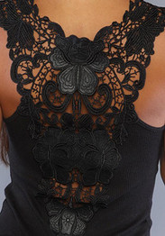 Black Patchwork Lace Scoop Neck Streetwear Cotton Vest