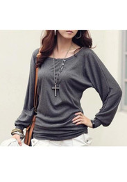 Grey Buttons Round Neck Dolman Sleeve Long Sleeve T-Shirt