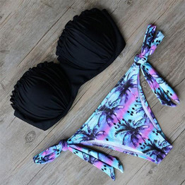 Black Floral Bandeau Drawstring 2-in-1 V-neck Fashion Swimwear