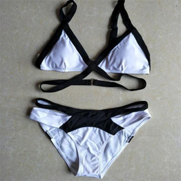 White Patchwork 2-in-1 Crop Cut Out Condole Belt V-neck Swimwear