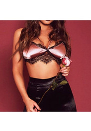 Pink Patchwork Lace Cut Out Condole Belt V-neck Vest