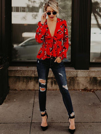 Deep V-neck Printed Blouses&Shirts Top