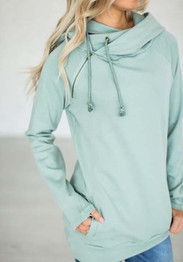 Green Zipper Drawstring Pockets Hooded Long Sleeve Fashion Pullover Sweatshirt