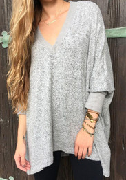 Grey Irregular V-neck Dolman Sleeve Casual T-shirt