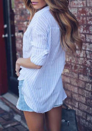 Blue-White Striped Single Breasted Turndown Collar Office Worker/Daily Blouse