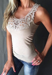 Khaki Patchwork Lace Cut Out Round Neck Fashion Vest