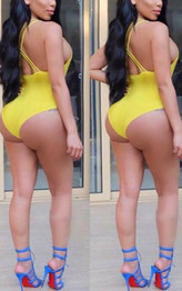 Yellow Cut Out Cross Back Backless Spaghetti Strap One Piece Bikini Swimwear