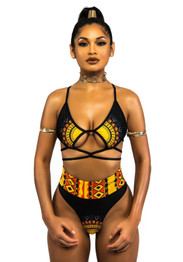 Black Tribal Print Cut Out Backless Spaghetti Strap Two Piece Swimwear
