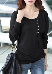 Black Buttons Round Neck Dolman Sleeve Long Sleeve T-Shirt