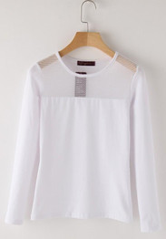 White Patchwork Grenadine Round Neck Long Sleeve Casual T-Shirt