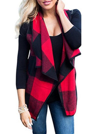 Red Plaid Print Pockets Irregular Turndown Collar Fashion Vest Coat
