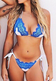 Blue Patchwork Lace Drawstring 2-in-1 V-neck Dacron Swimwear