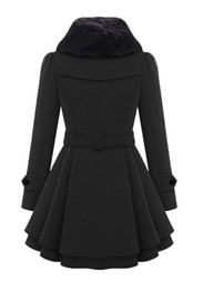 Black Plain Fur Buttons Belt Turndown Collar Fashion Double Breasted Peplum Wool Coat