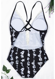 Black Floral Cross Back Lace V-neck Fashion Swimwear