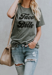 Dark Grey Monogram Print Round Neck Going out Casual T-Shirt