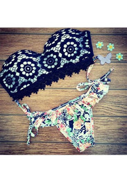 Black Floral 2-in-1 Lace Sashes V-neck Fashion Swimwear