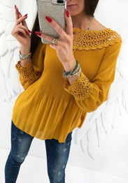 Yellow Patchwork Cut Out Ruffle Boat Neck Fashion Blouse