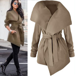 Khaki Pockets Sashes Turndown Collar Long Sleeve Fashion Trench Coat