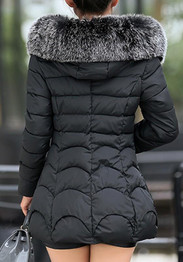 Black Pockets Zipper Faux Fur Hooded Long Sleeve Fashion Winter Warm Down Coats
