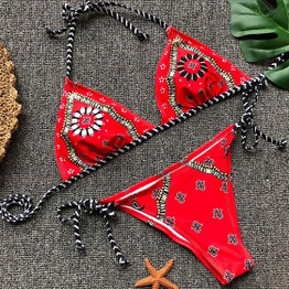 Red Floral Condole Belt Print 2-in-1 V-neck Fashion Swimwear